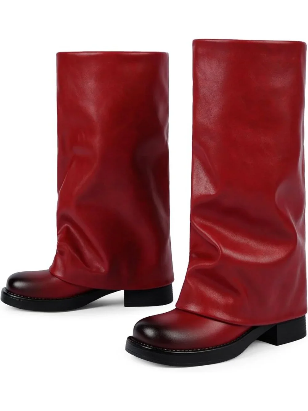 Women's Red Faux Leather Fashion Pointed Toe Side Zipper Fold Over Tall Boots